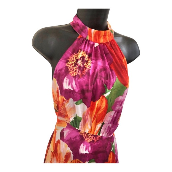 Maggy London pink tropical floral print asymmetrical flowy halter dress size 6 - Picture 12 of 16
